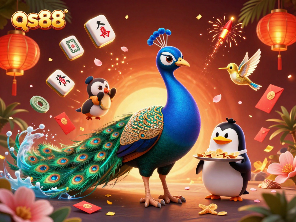 Experience thrilling gameplay at qs88 with a peacock and friends in a vibrant casino scene.