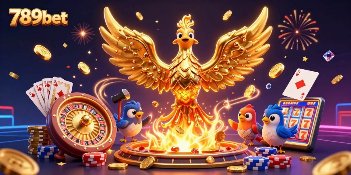 Experience the excitement of 789bet with a golden phoenix and casino elements in a dazzling 3D illustration.