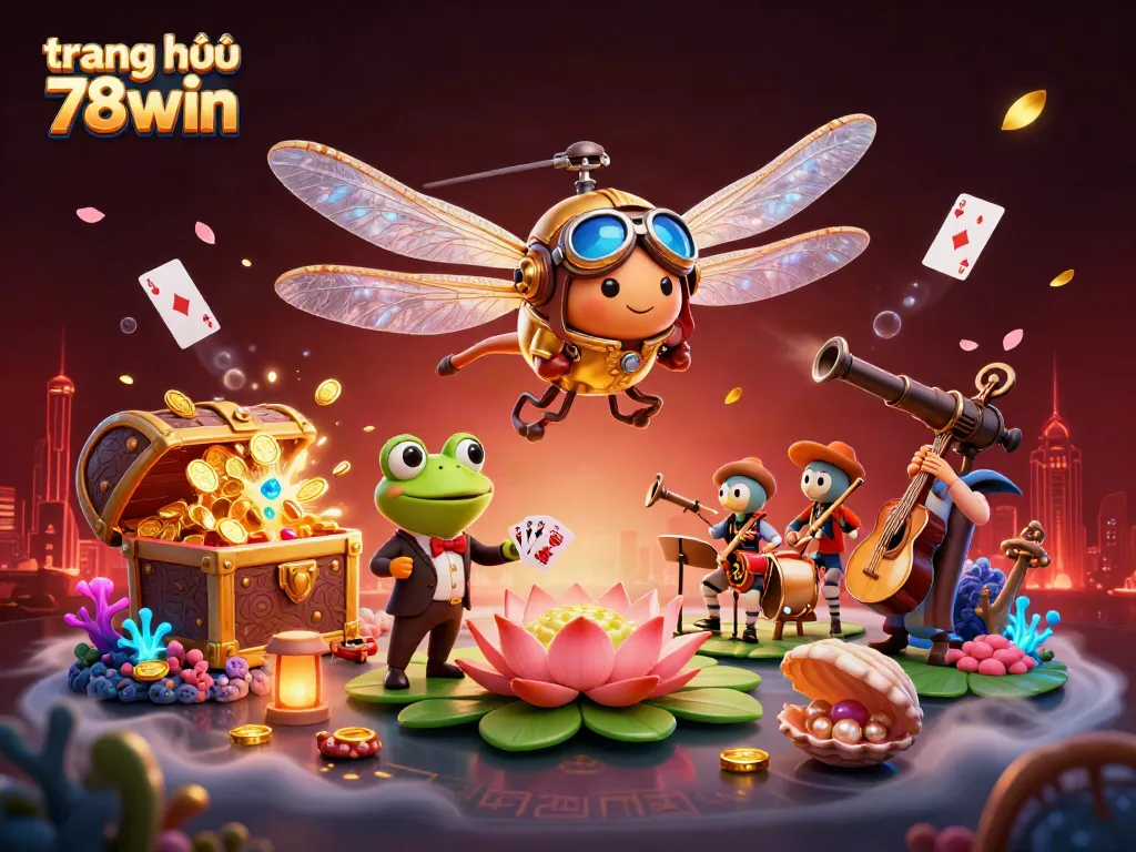 Experience the dynamic scene at trang chủ 78win, featuring a helicopter pilot dragonfly and frog croupier amidst a vibrant casino backdrop.