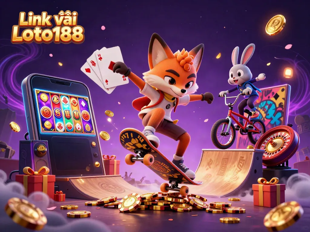 Engage with Link vào Loto188 through dynamic casino-themed 3D art featuring playful characters and vibrant game elements.