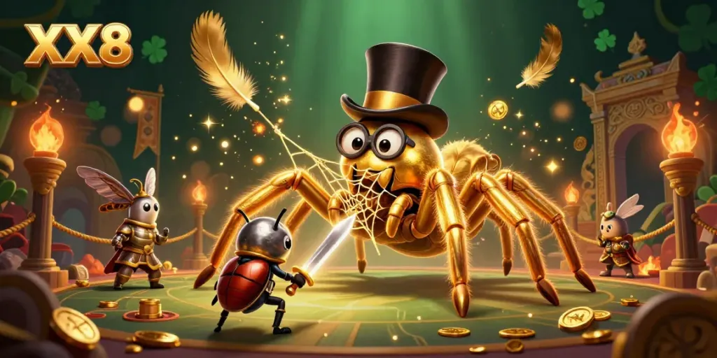 Engage with exciting slots and games at XX8, with vibrant casino characters in a dynamic scene.