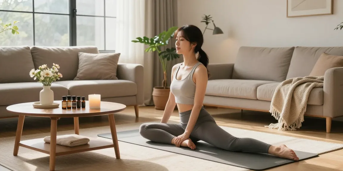 Tranquil scene of a woman practicing yoga at home promoting 인천출장안마 services.