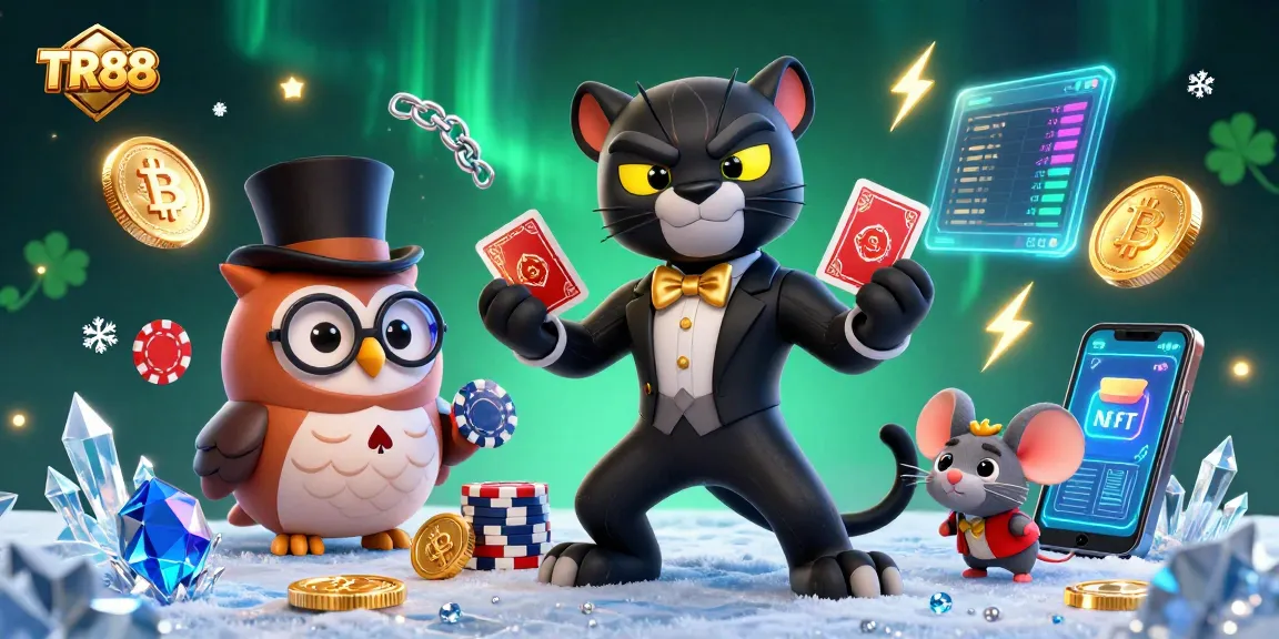 Experience the excitement of TR88 casino with a stylish panther, owl, and mouse amidst vibrant game elements.