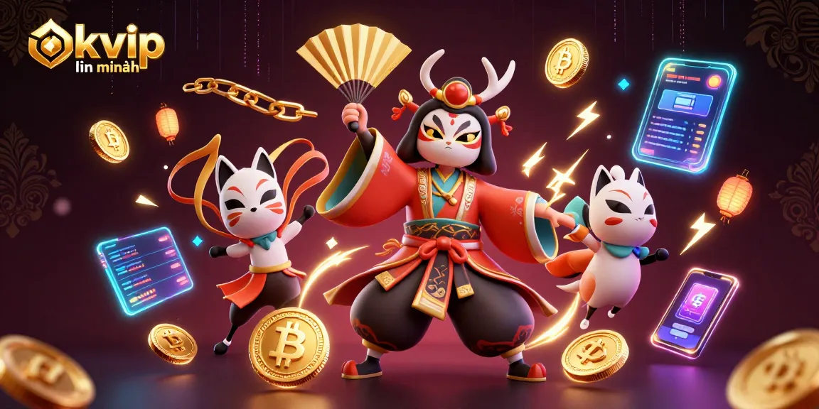 okvip liên minh showcases a vibrant 3D casino scene with kabuki warriors and casino elements.