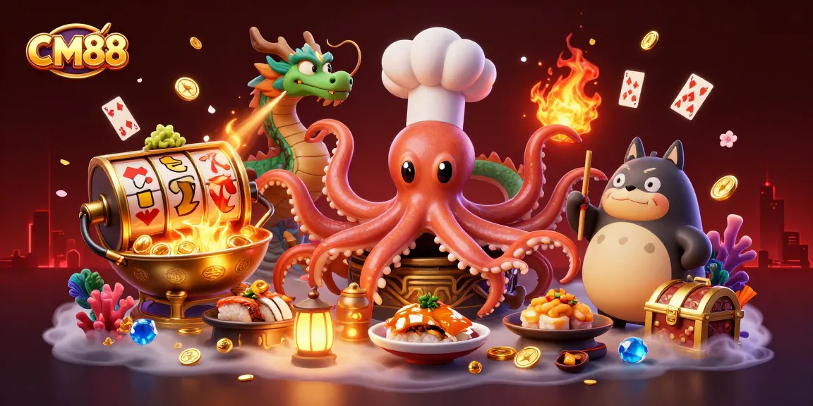 Engage with CM88 in a vibrant underwater casino world filled with colorful slot games and golden treasures.