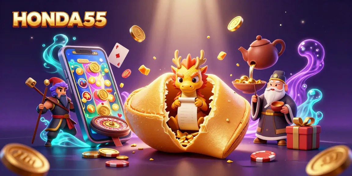 Permainan slot menarik dengan HONDA55 dan berbagai elemen kasino dalam ilustrasi 3D