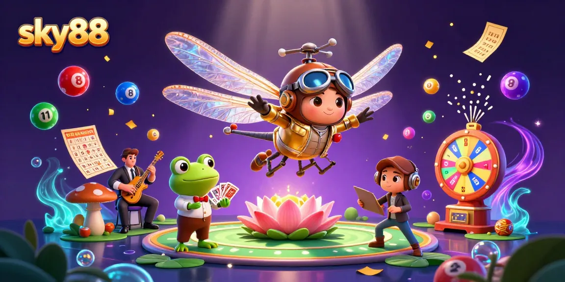 Join the excitement at sky88 with a 3D illustration of playful characters and gambling elements!