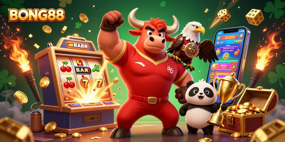 BONG88 showcases a victory celebration with a bull mascot, eagle, and panda amid a dynamic slot machine scene.