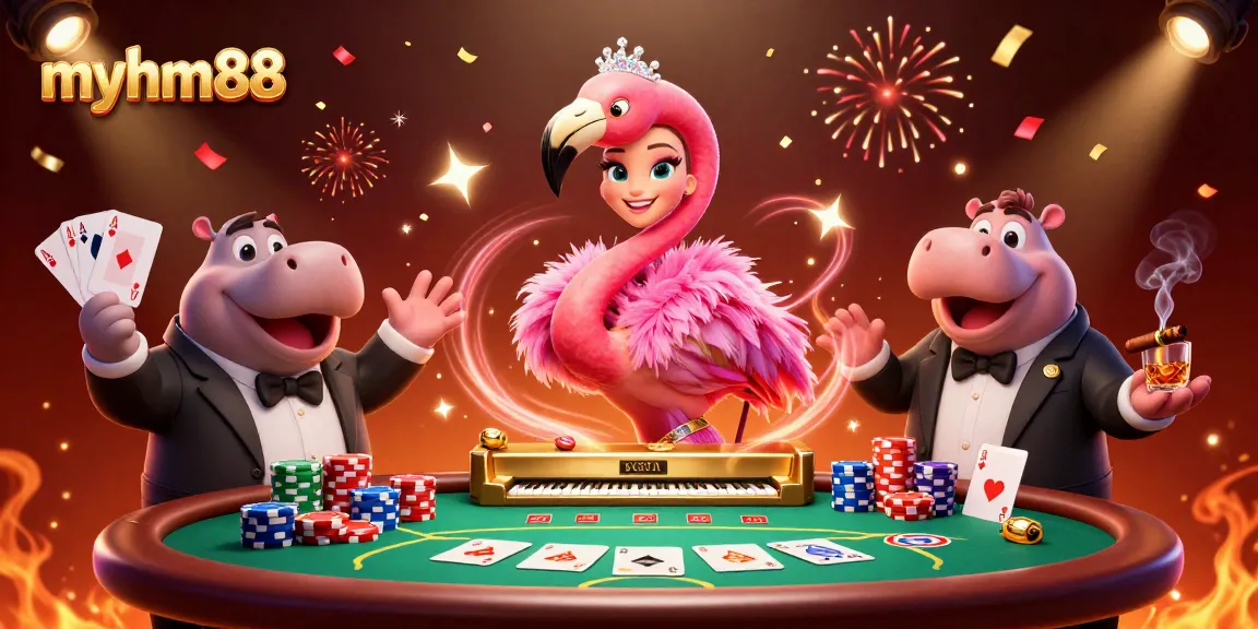 Engage with myhm88's vibrant casino scene featuring a flamingo singer and hippo bassist.