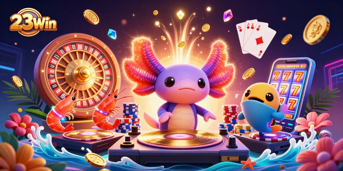 Engage with exciting casino adventures at 23Win featuring vibrant neon characters and dynamic gambling elements.