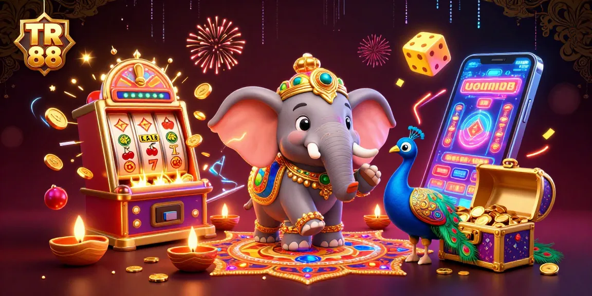 Win big with TR 88 at vibrant casino, featuring elephants, slot machines, and colorful treasures.
