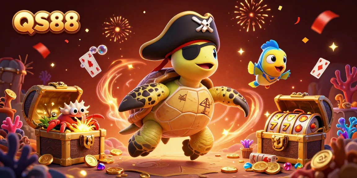 Spin and win big with QS88 in this vibrant 3D pirate-themed casino illustration featuring treasures and games.