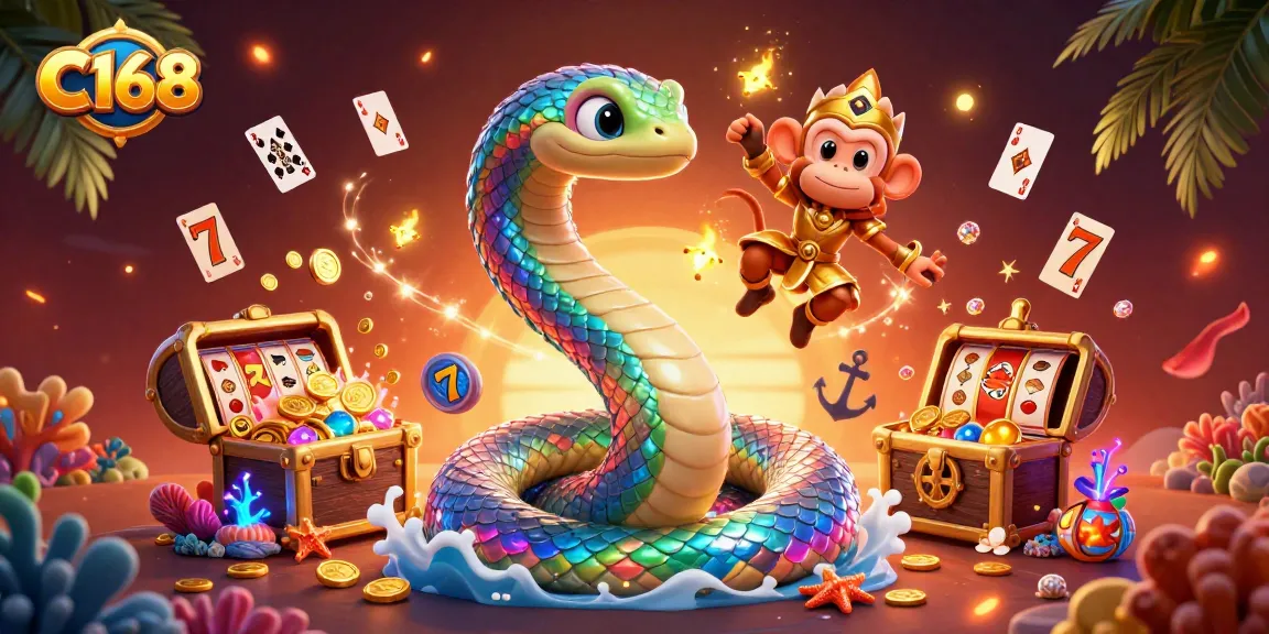 C168 captivates with vibrant gaming magic in a lively casino illustration featuring a rainbow serpent and treasure.