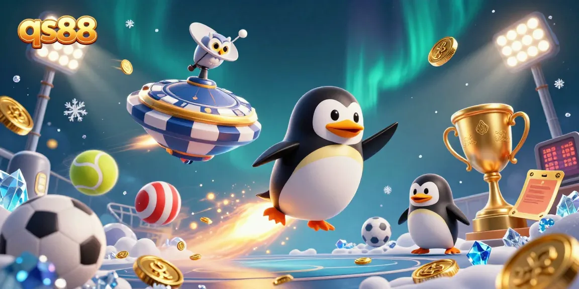 Engage with qs88's vibrant casino universe, featuring a golden penguin and cosmic sports elements.