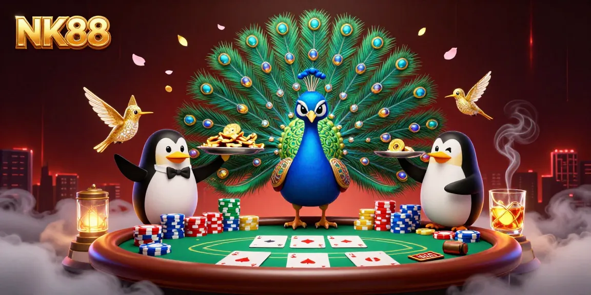 Players relish thrilling games at NK88, surrounded by vibrant poker elements and dynamic characters.