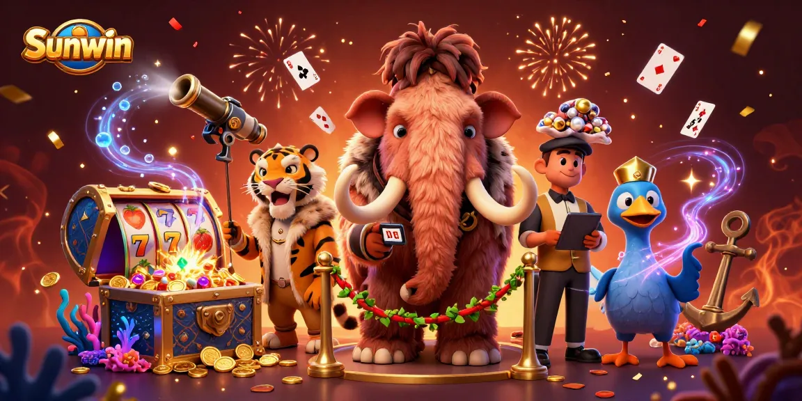 Win exciting jackpots at Sunwin casino with a bouncer checking IDs and vibrant gaming action!