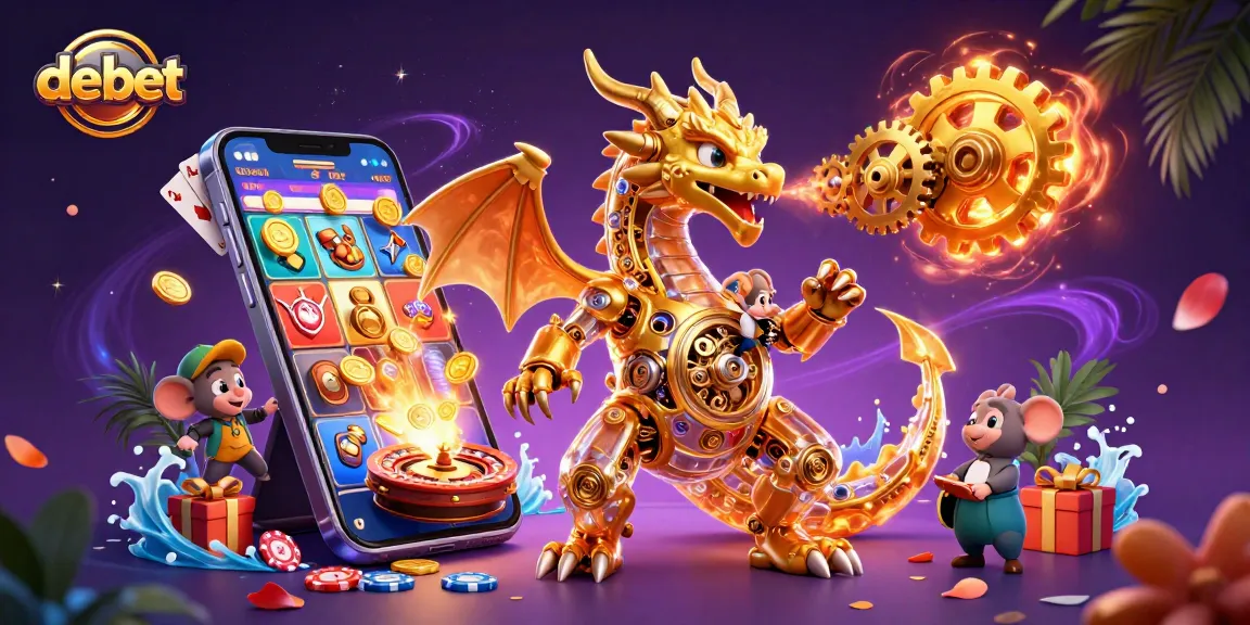 Engage with debet's thrilling casino experience as a golden dragon breathes gears and coins.
