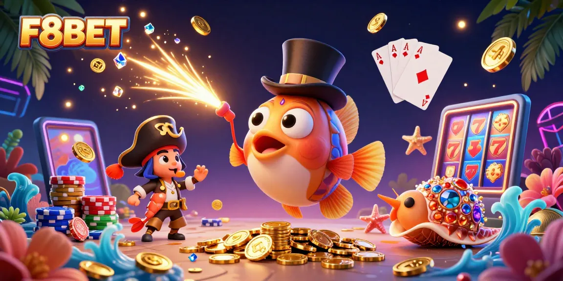 Join the excitement with F8BET as cartoon characters capture golden coins and gems in a vibrant casino scene.