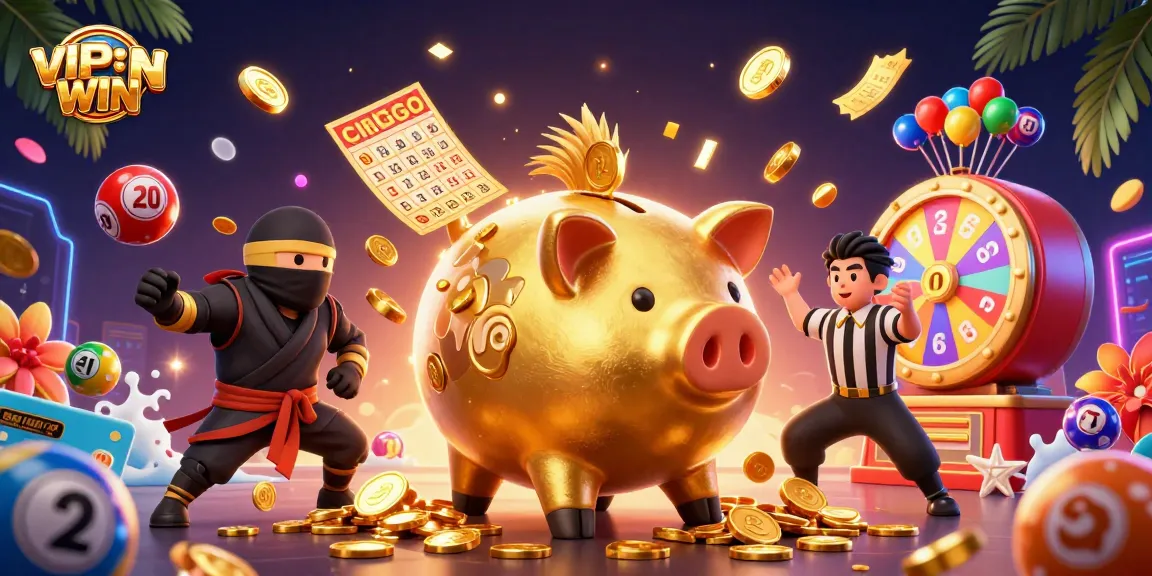Join VIPWIN for thrilling lottery action as a golden piggy bank wrestler coins rain down.