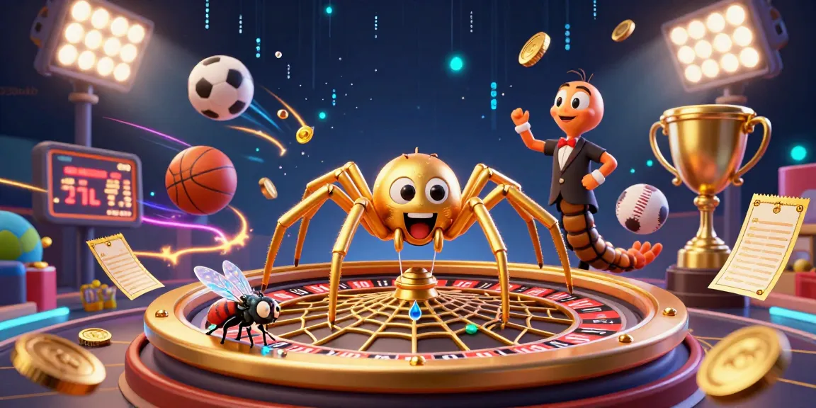 Join the excitement at 123bukb as a fly nervously places bets amidst a golden roulette wheel web.