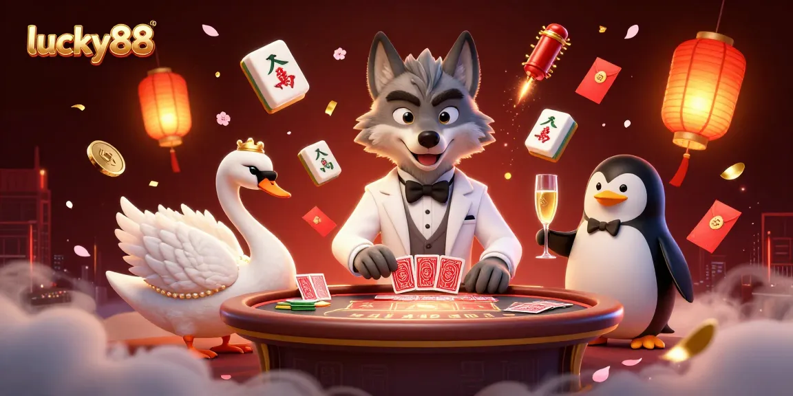 Engage with the vibrant lucky88 casino scene featuring card games, elegant characters, and festive elements.