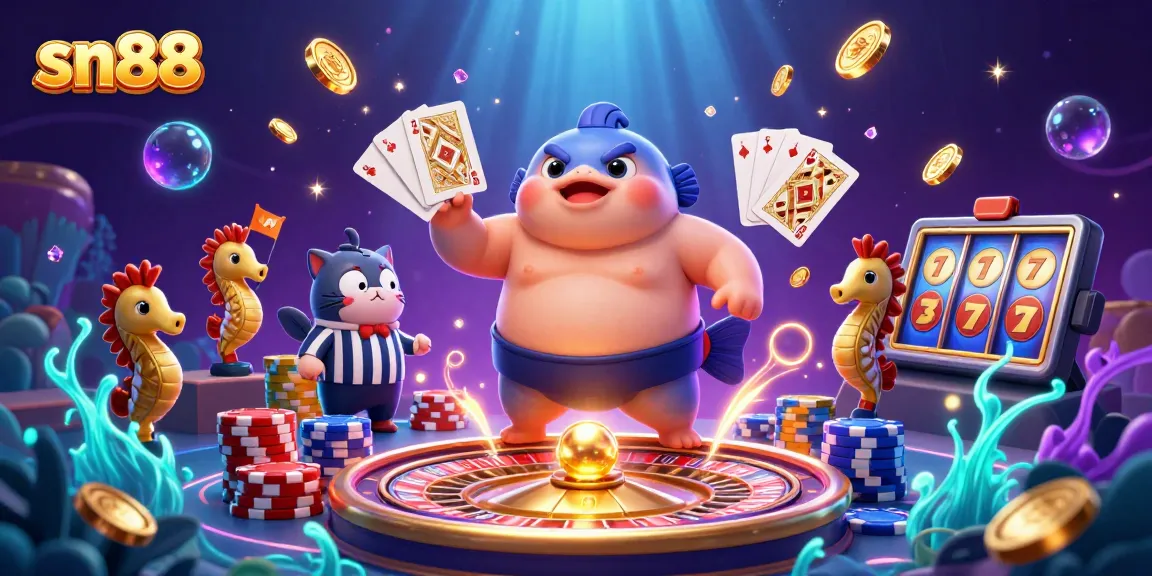 sn88 showcases a dynamic underwater casino scene with a blowfish, catfish referee, and seahorse spectators.