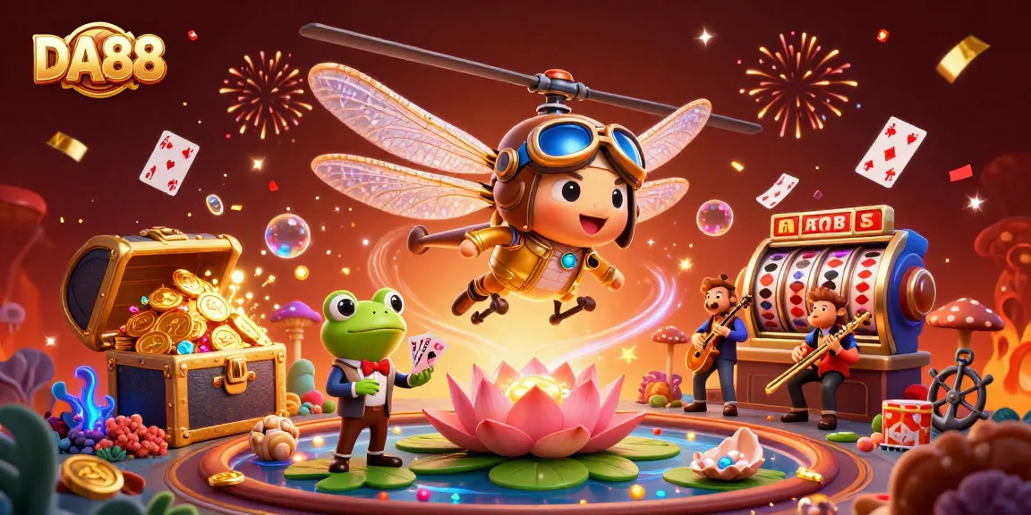 Experience thrilling gaming at DA88 with a vibrant casino scene featuring colorful characters and dynamic action.
