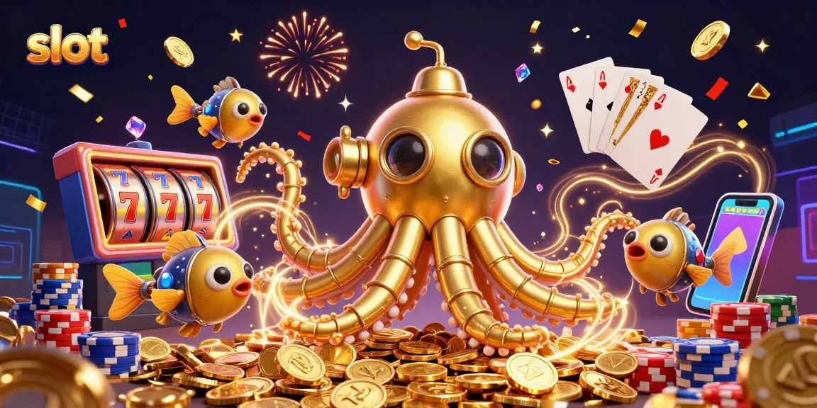 Experience thrilling slots with a golden kraken amidst coins, gears, and game elements.