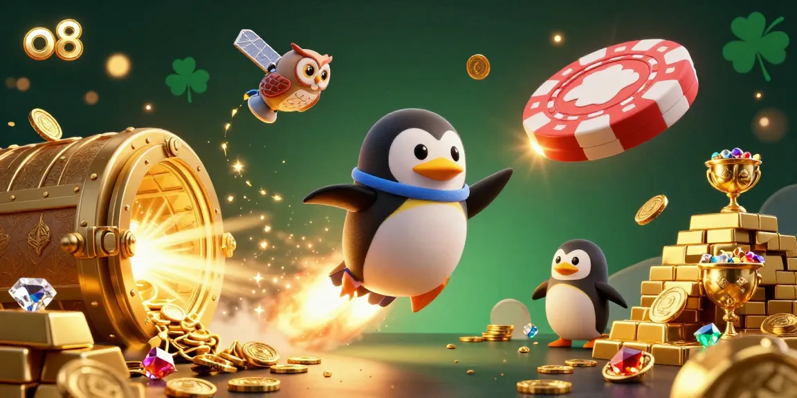 Experience thrilling gaming action with o8 in a vibrant 3D casino-themed illustration featuring a golden penguin and riches.