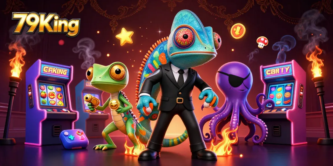 79King showcases vibrant 3D gaming with characters and casino elements like slot reels and jackpots.