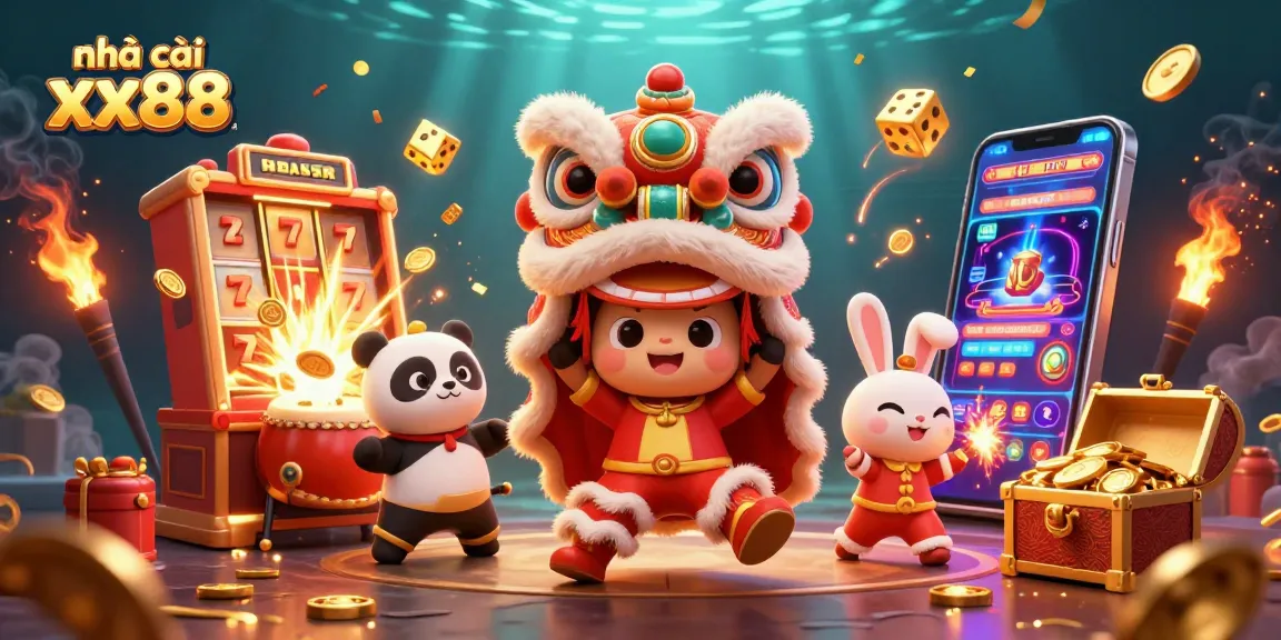 Experience the excitement of nhà cái xx88 with vibrant casino elements and animated characters in a festive atmosphere.