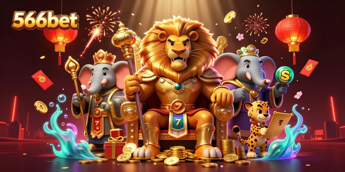 Engage in thrilling games at 566bet, experiencing vivid 3D illustrations of the lion king in a vibrant casino environment.