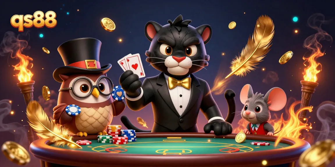 Engage with qs88 at a vibrant casino scene showcasing a black panther dealer and friends playing cards