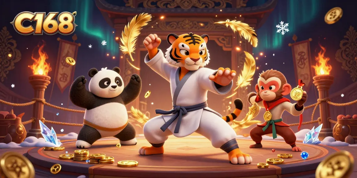 Experience C168's thrilling gameplay with a kung fu tiger master, panda disciple, and monkey student in an exciting casino atmosphere.