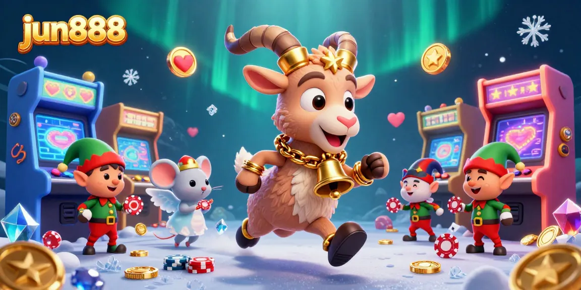 Experience thrilling gameplay at jun888 casino with whimsical Krampus and lively atmosphere of arcade machines.