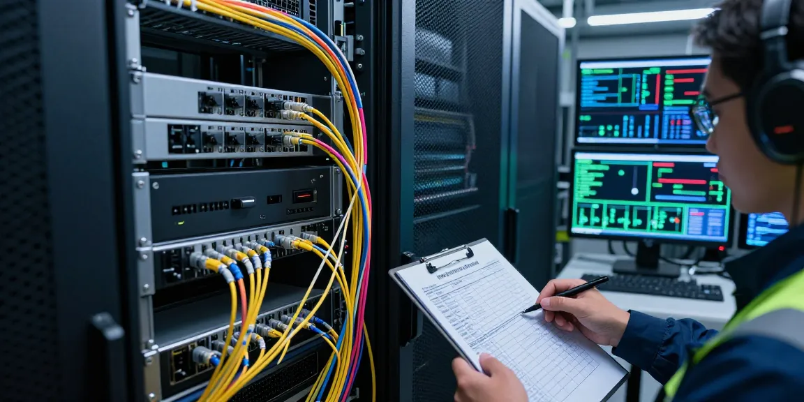Technician connecting fiber optic fiber in a data center, surrounded by advanced networking equipment.
