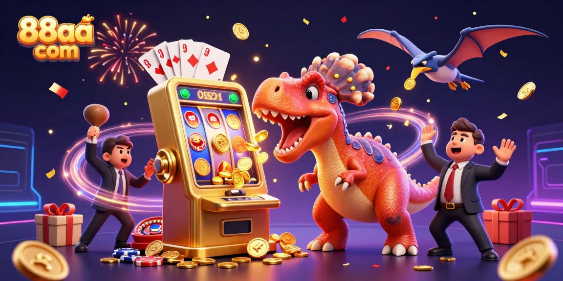 Experience the thrill as 88aa com brings slot jackpots to life with cartoon characters in a vibrant casino scene.