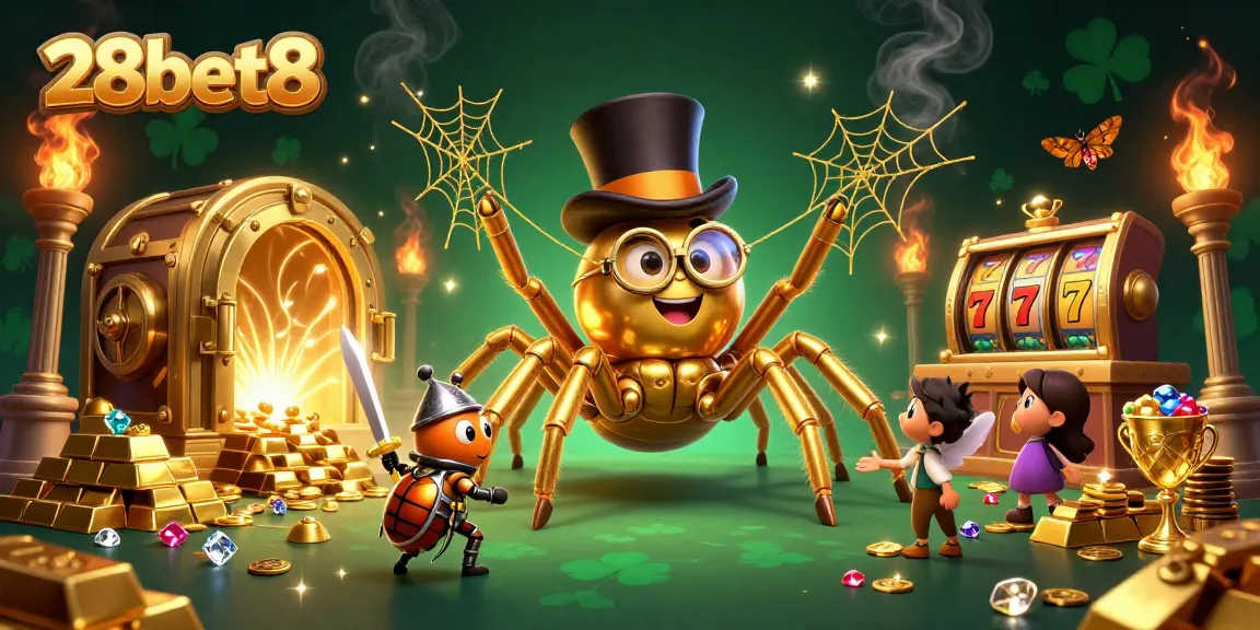 Experience excitement with 28bet8 as a brave beetle knight approaches a golden tarantula in a vibrant casino setting.