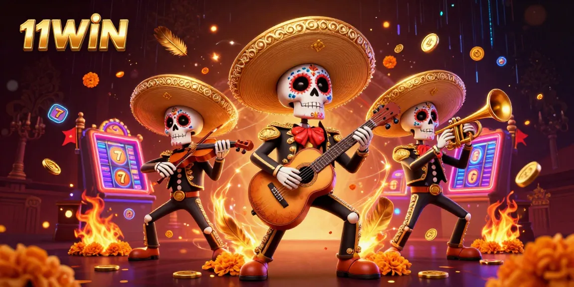 Experience the thrilling energy of 11WIN with a dynamic 3D casino scene featuring vibrant mariachi skeletons.