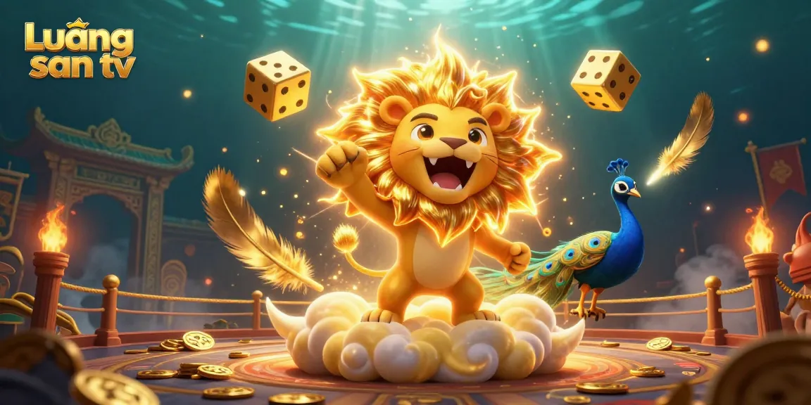 Lương sơn tv showcases a vibrant 3D scene with casino elements, featuring a roaring lion and golden dice amidst exciting gaming action.