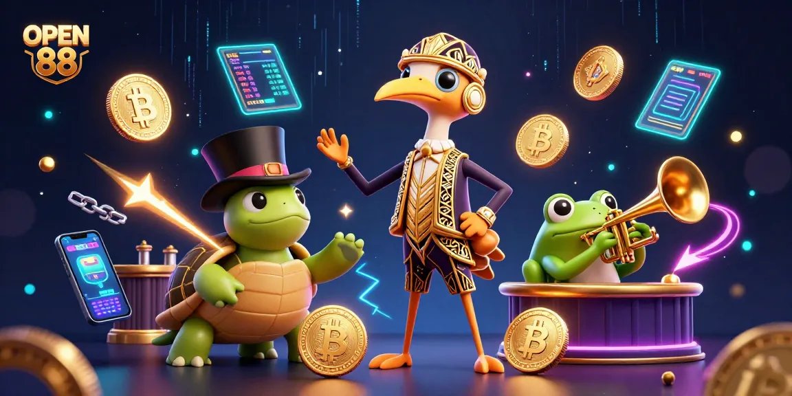 Engage with OPEN 88's exciting gambling scene featuring a crane, turtle, and frog, surrounded by vibrant crypto elements.