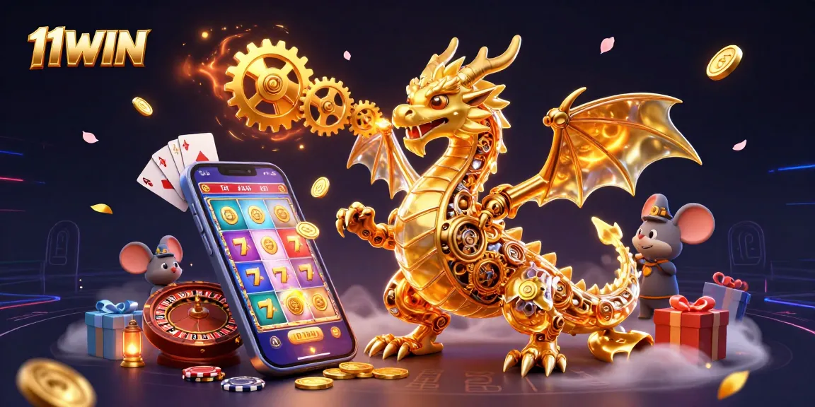 Experience the thrill of 11WIN casino with an engaging 3D scene of a dragon and gaming elements.