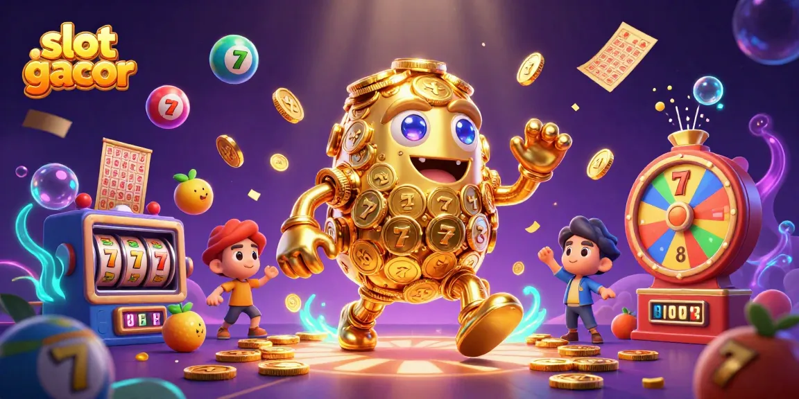 Engage with slot gacor dynamics featuring a golden golem amidst vibrant gambling elements.