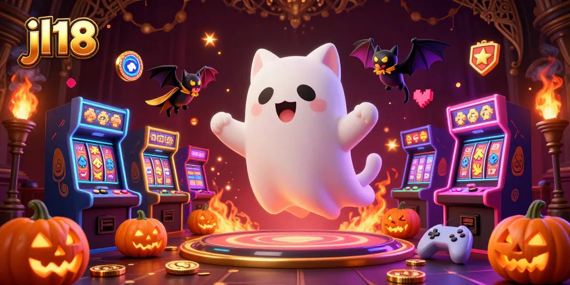 Engage in thrilling gameplay at jl18 casino with a ghost cat, vampire bat, and glowing gaming machines.