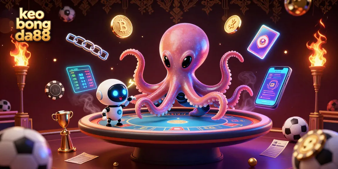 Engage in thrilling gaming with keo bong da88 as the alien octopus bets at a floating poker table.
