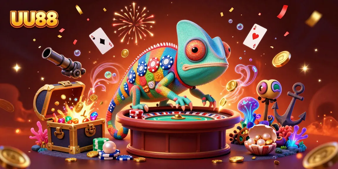 Experience thrilling gameplay at UU88 with a vibrant casino scene illustrating a chameleon owner amidst treasure and card games.