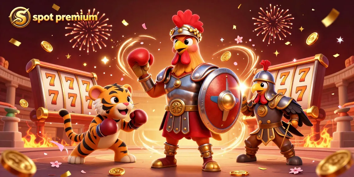 Activate the slot premium experience with an electrifying 3D animated scene featuring a gladiator rooster and casino elements.