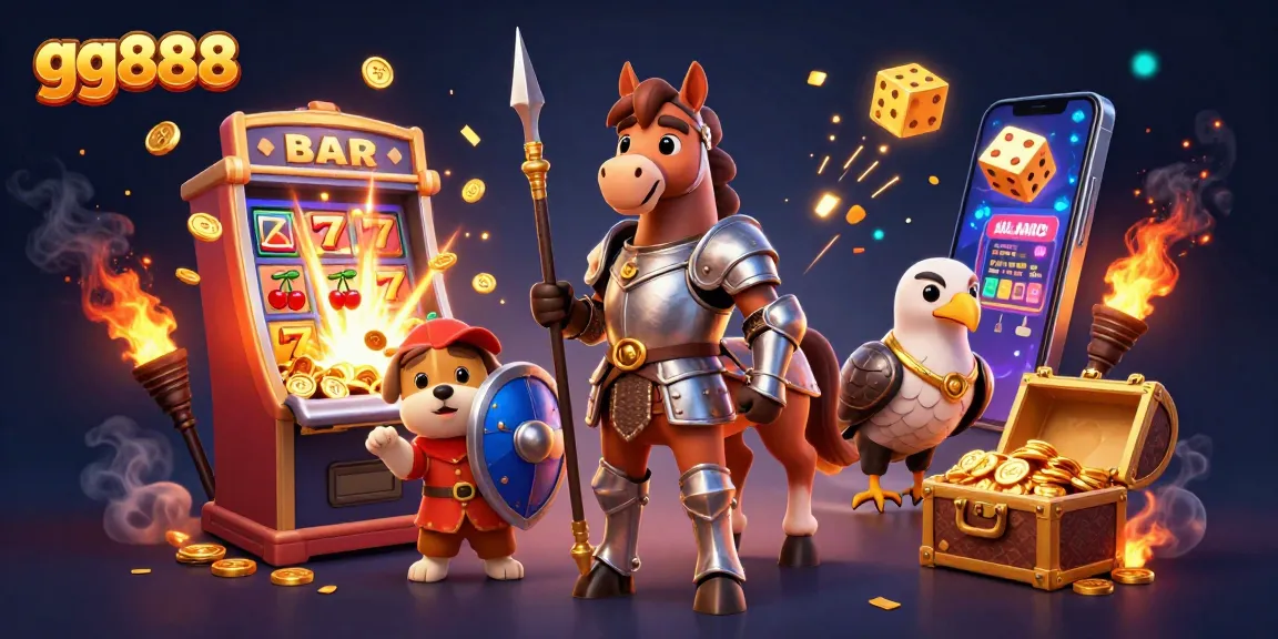 Win big with gg888 at an exciting casino scene, featuring characters surrounded by vibrant slot machines and golden treasures.