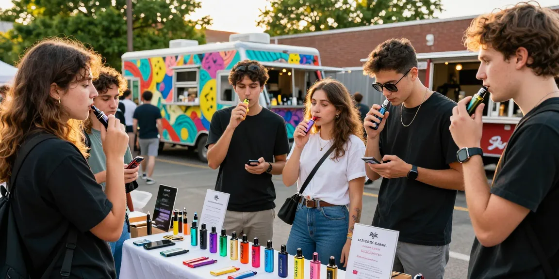 Group of young adults exploring top disposable vapes in USA at a vibrant outdoor market with colorful product displays.