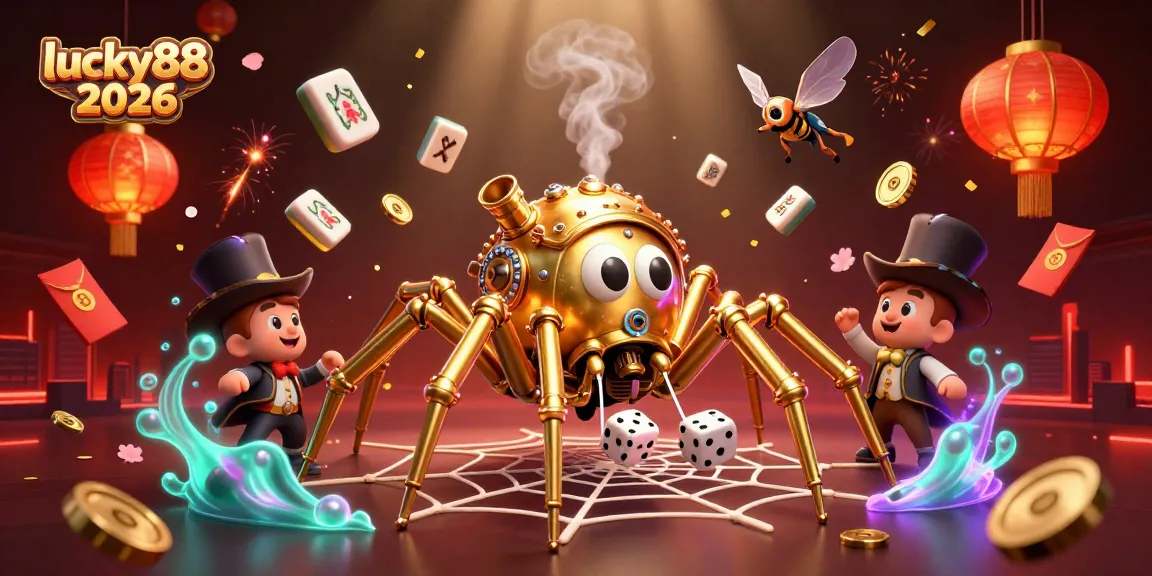 Play lucky88 2026 with an intricate golden spider web of chance and fortune in this 3D casino scene.